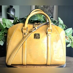 MCM Ivana Rare Yellow Embossed Visetos Bowler Bag With Crossbody Strap And COA